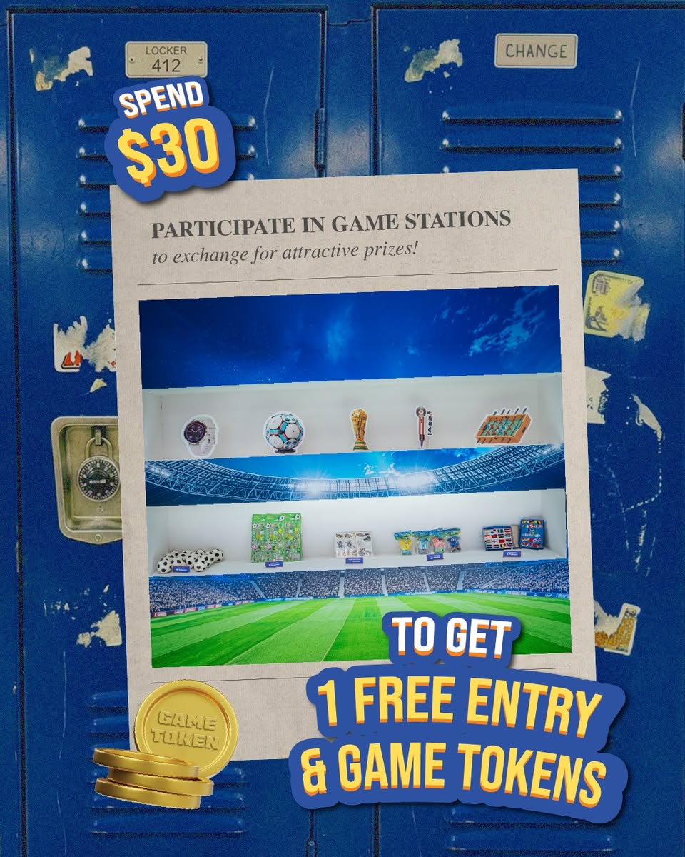 Spend $30 at AMK Hub for 1 free entry and 5 play tokens at The Ultimate Kickoff game stations