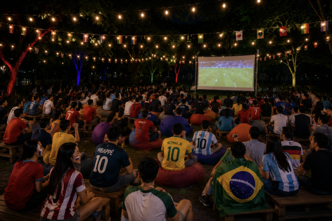 Community club World Cup 2026 live screening in Singapore with fans watching the final on a big screen