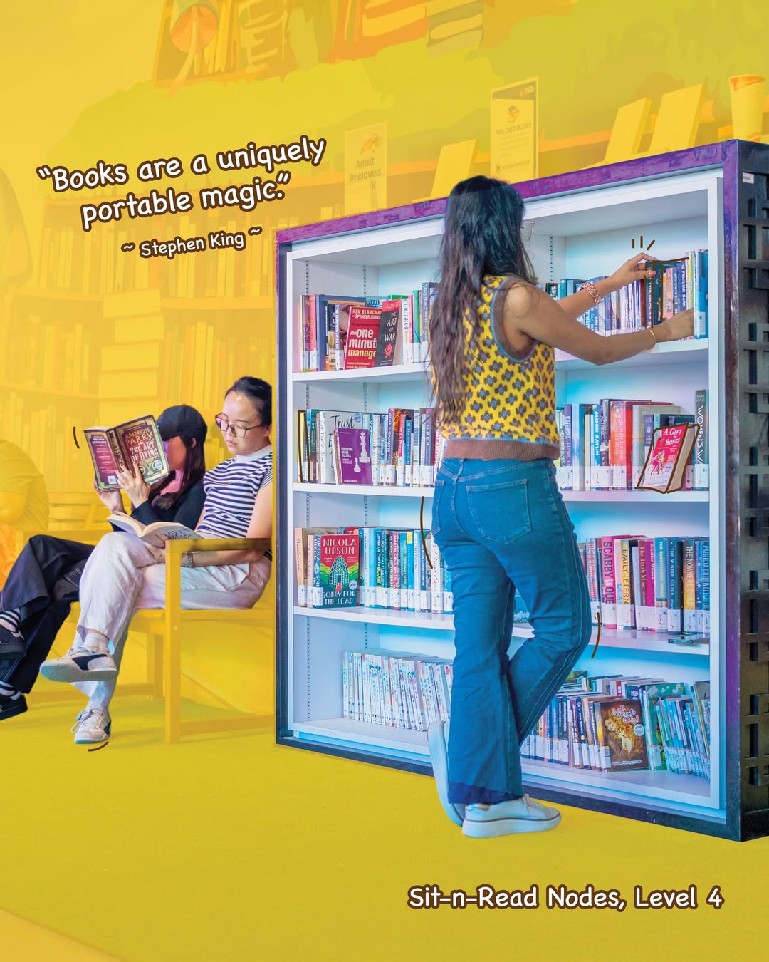 A cozy community reading corner featuring shelves of books.