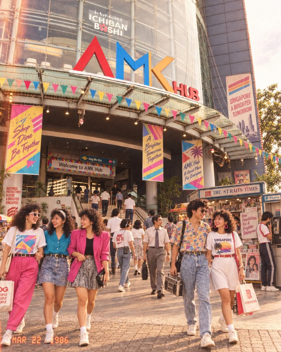 AMK Hub 80s-themed welcome signage